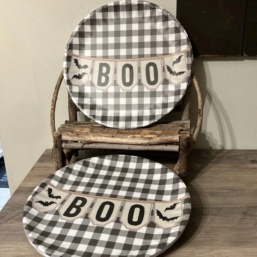 SHABBY CHIC PRE OWNED SET OF 8 BOO Black BUFFALO PLAID MELAMINE PAPER PLATES